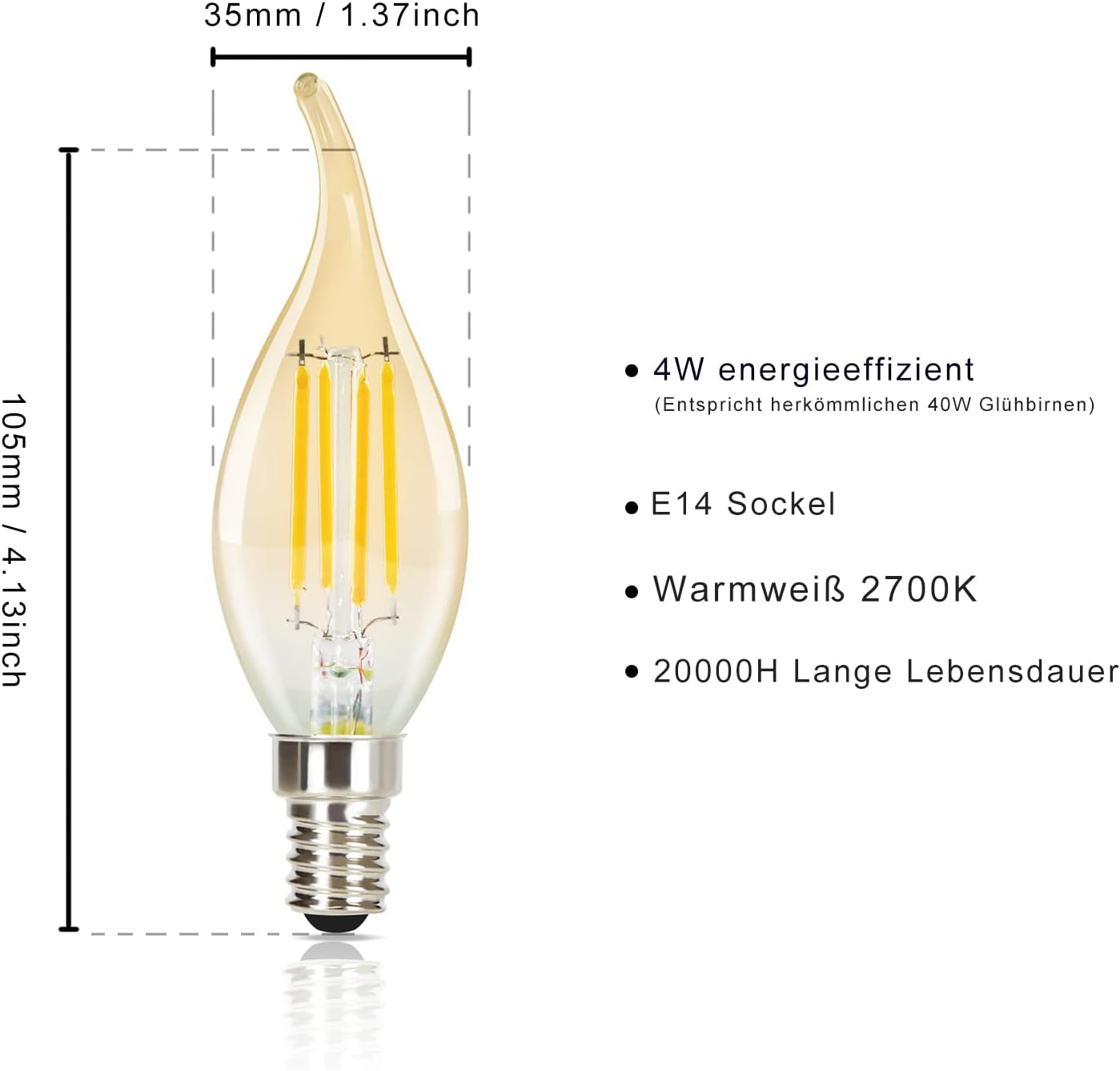 Eine 4W LED-Glühbirne mit E14-Sockel und warmweißer Lichtfarbe.