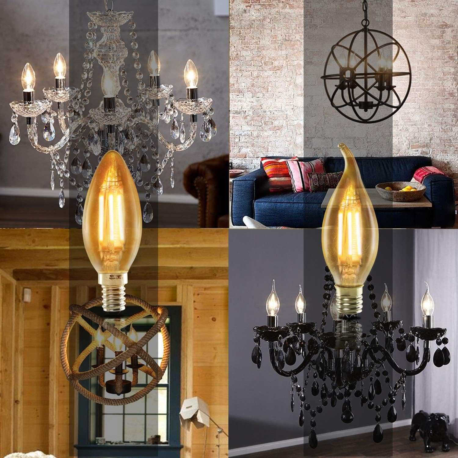 Vier Lampen: Kristall-Kronleuchter, moderner schwarzer Kronleuchter, Seil-Kronleuchter, runder Käfig-Kronleuchter.