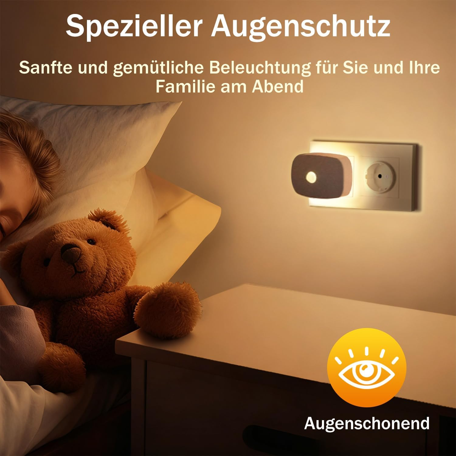 Ein Nachtlicht leuchtet neben einem Teddybär im Bett. Spezieller Augenschutz.