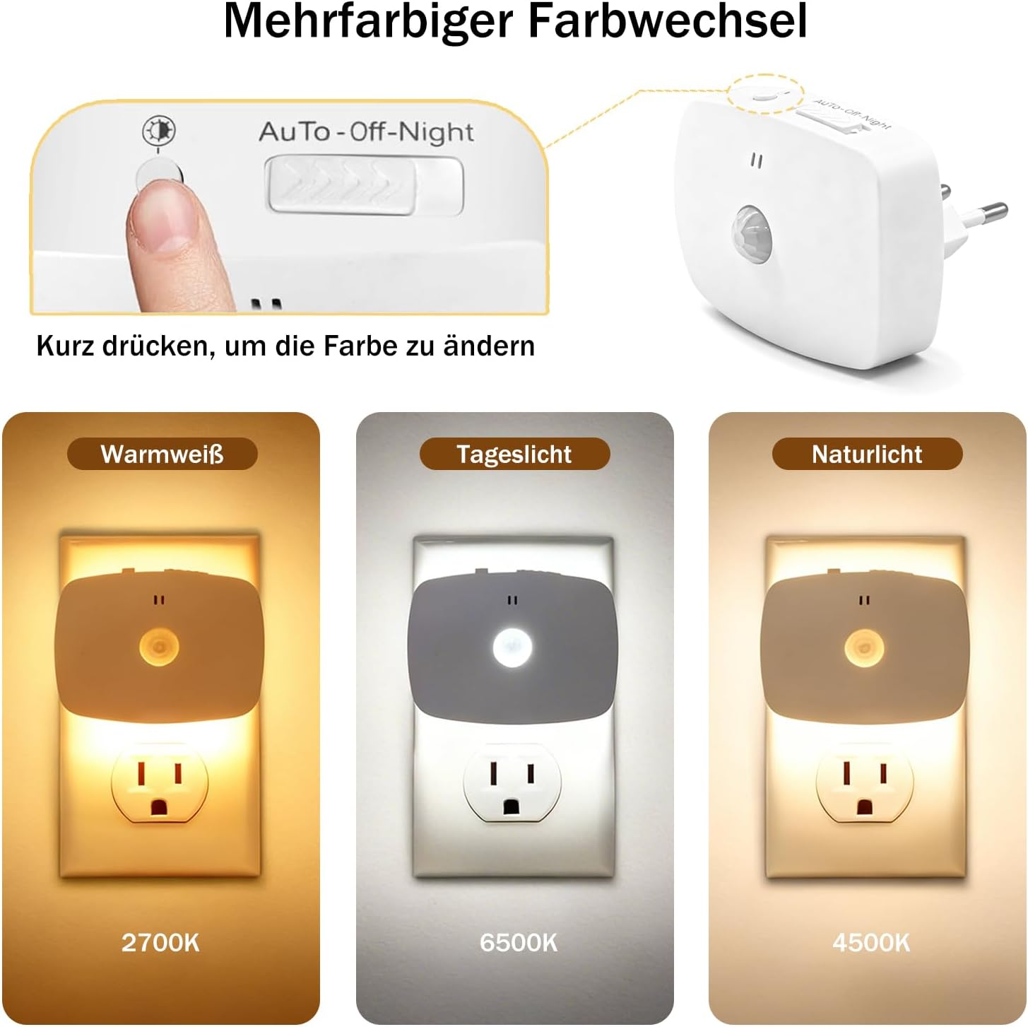 Ein weißer Nachtlichtstecker mit Bewegungsmelder, der drei Lichtfarben anzeigt.