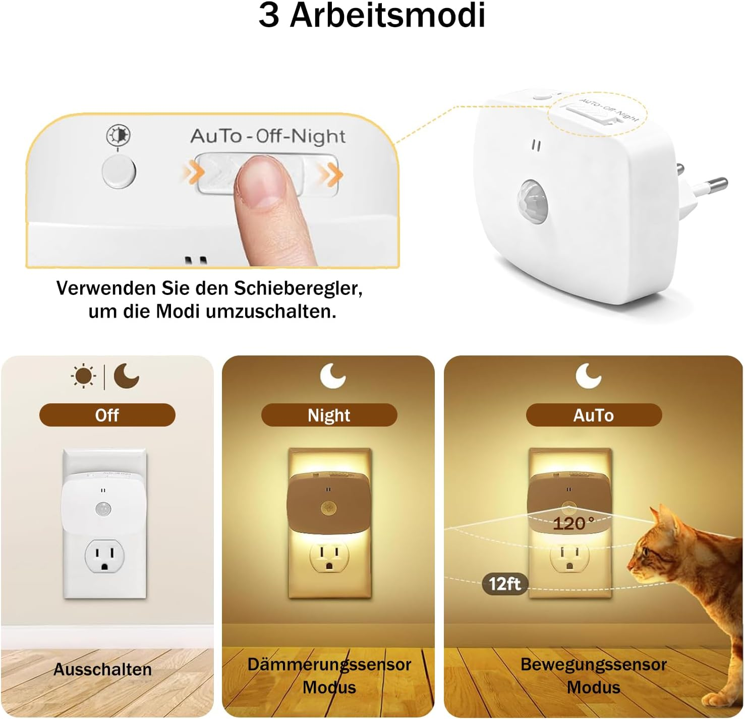 Ein weißer Nachtlichtstecker mit drei Modi: Aus, Nacht und Auto. Ein Finger schaltet den Modus.