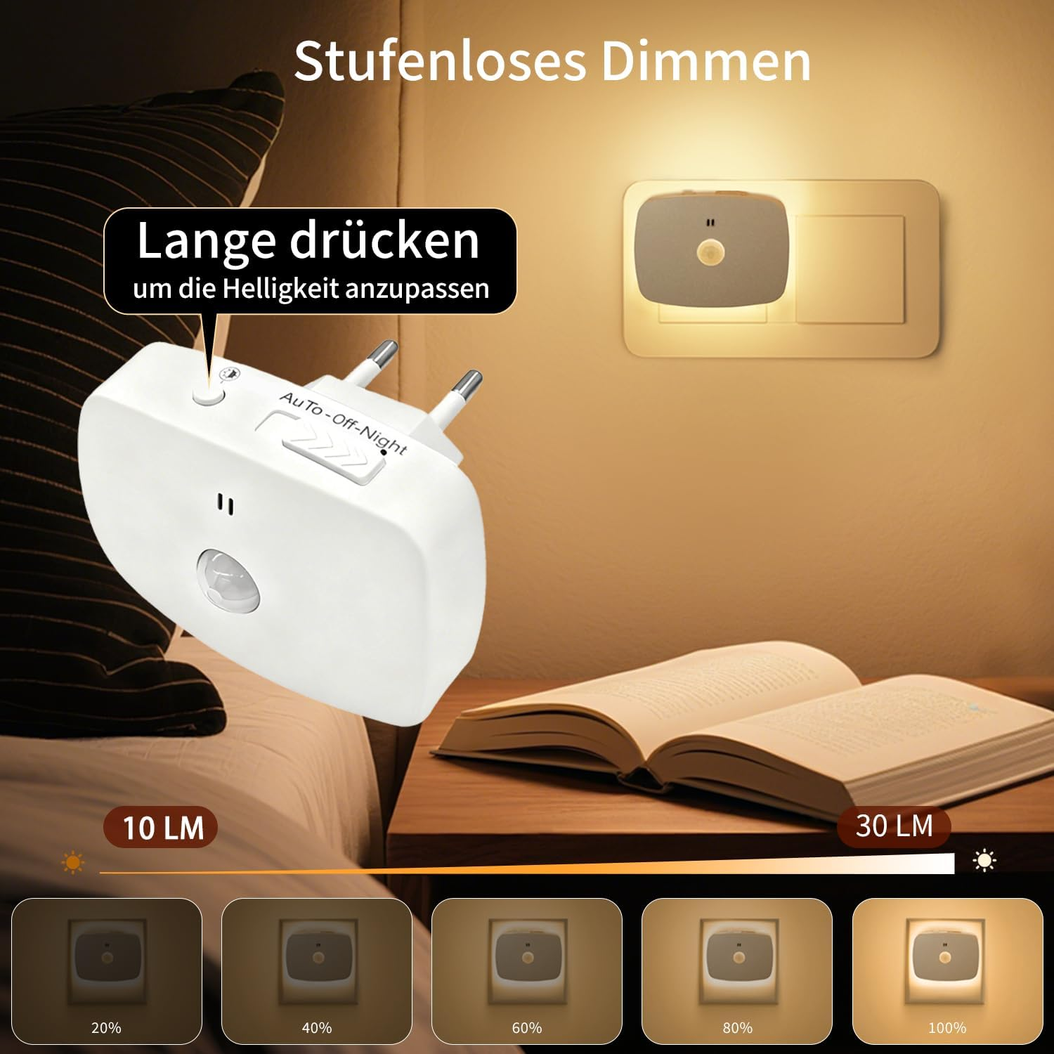 Ein weißer Nachtlichtstecker zeigt stufenlose Helligkeitseinstellungen.
