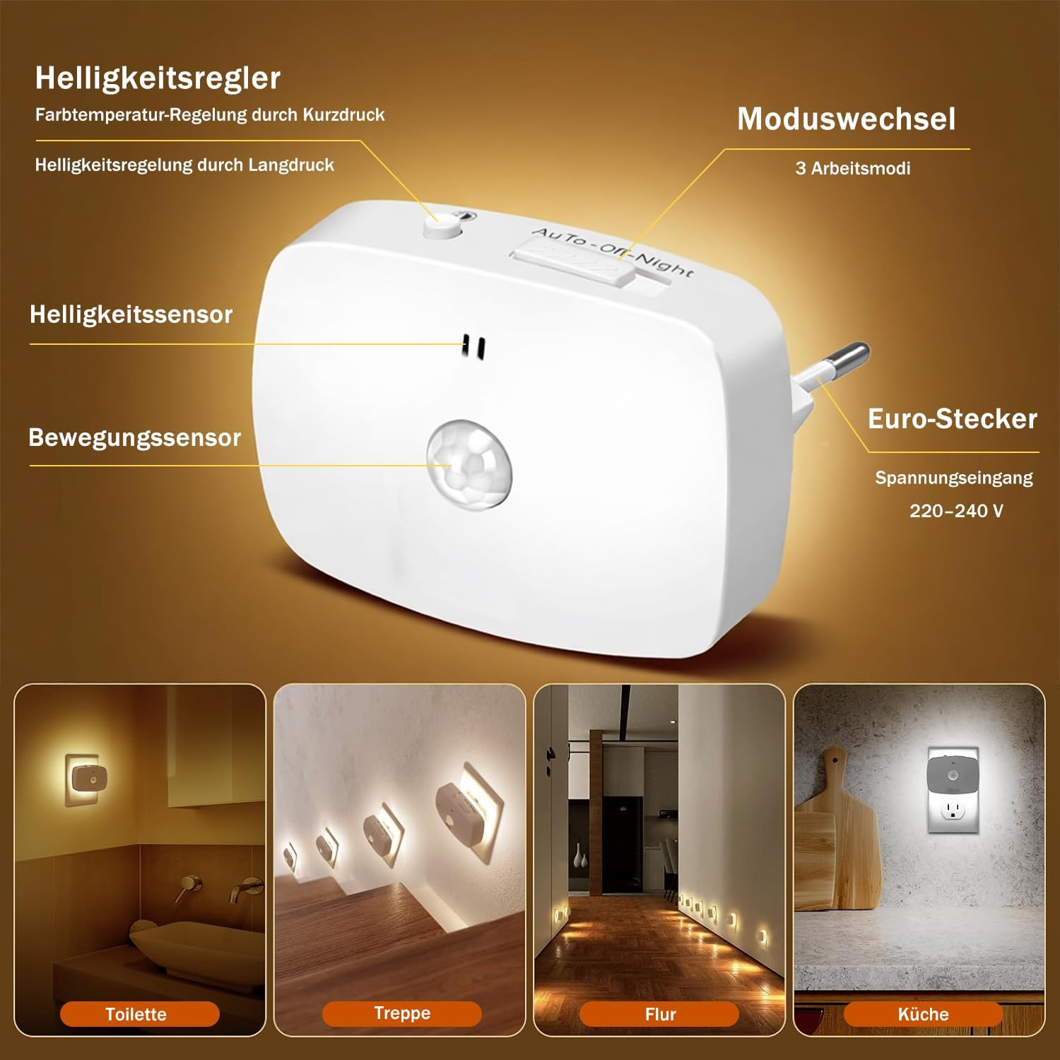 Ein weißer Bewegungssensor mit Eurostecker, Helligkeits- und Modusregler.