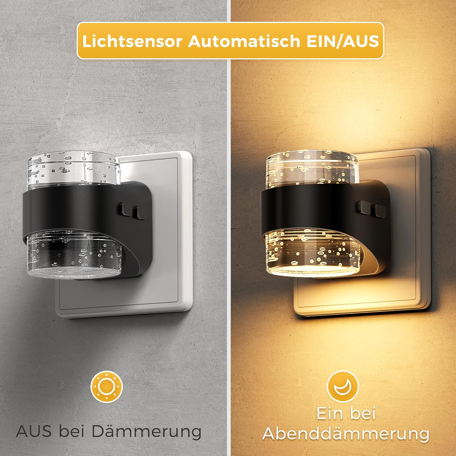 Geteilte Ansicht: Links ist ein Nachtlicht aus, rechts ist es an und leuchtet warm.