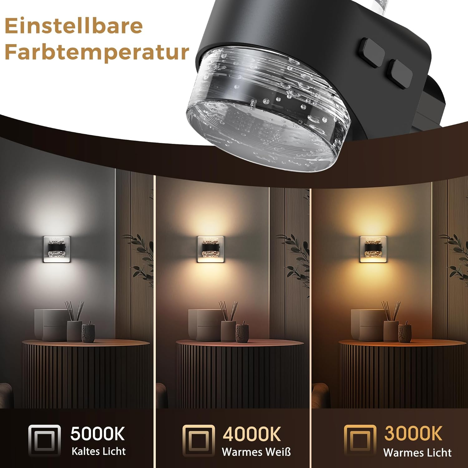 Wandleuchte zeigt drei Farbtemperaturen: 5000K, 4000K und 3000K.