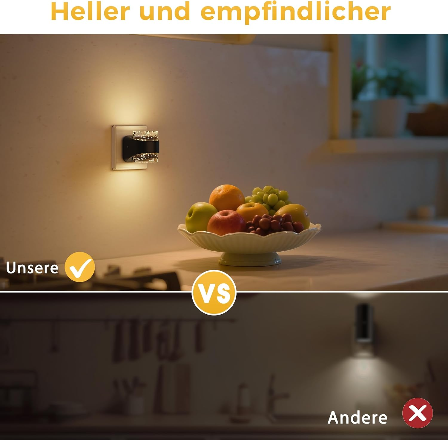 Oben: Heller Wandstecker mit Obstschale. Unten: Dunkelheit.