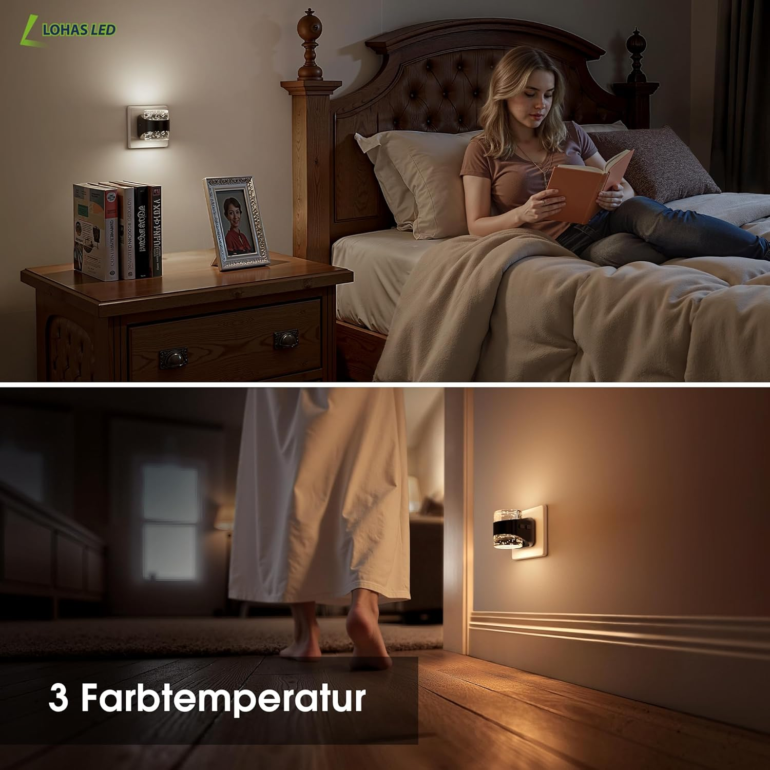 Frau liest Buch im Bett, Nachttisch mit Lampe. Nachtlicht im Flur.