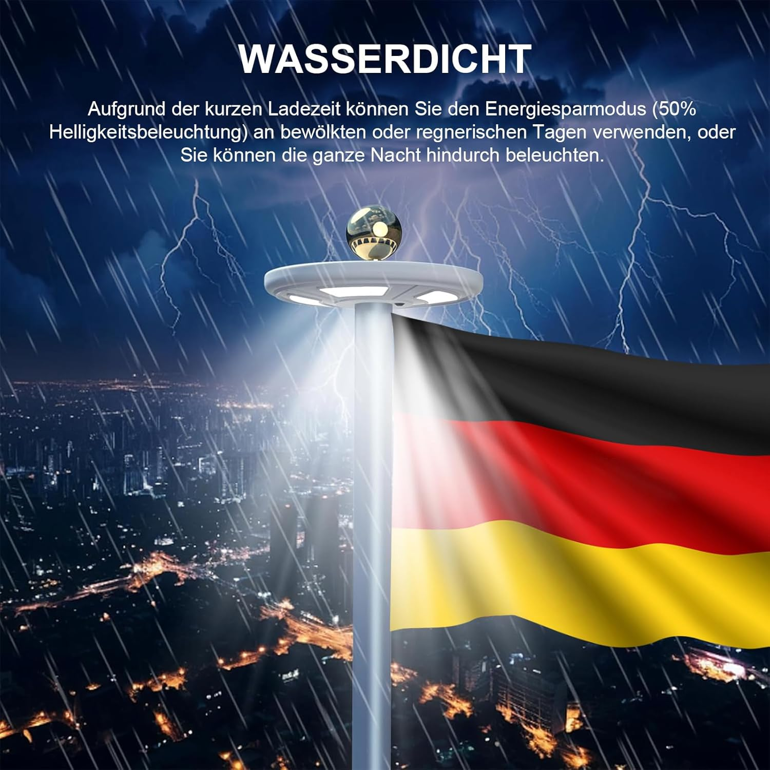Wasserdichte Lampe im Sturm mit deutscher Flagge und Stadtblick.