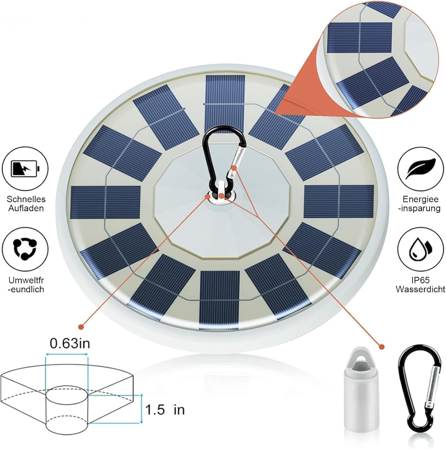 Runde Solarleuchte mit blauen Solarzellen, Haken, Maßen und Zubehör.