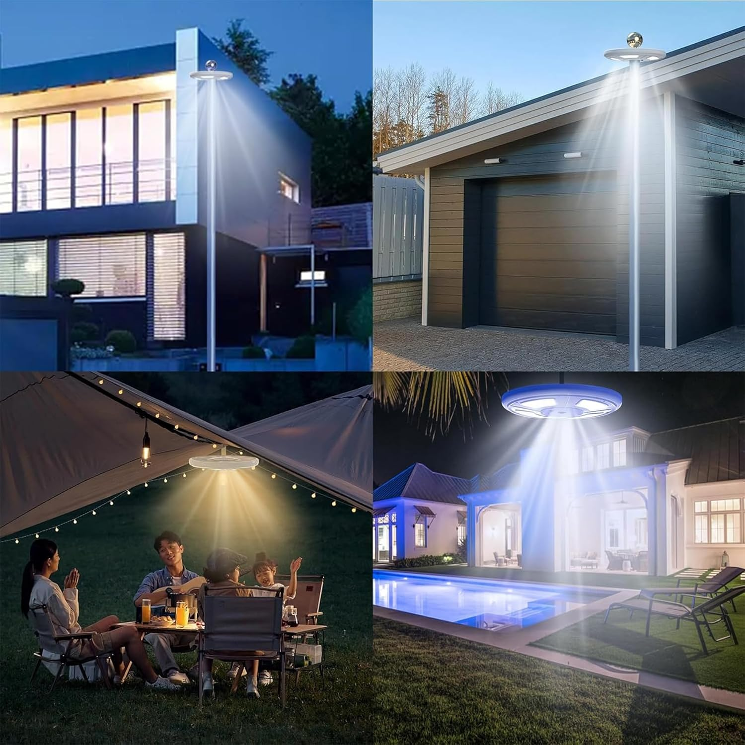 Vier Szenen zeigen eine Lampe im Einsatz: vor modernem Haus, Garage, beim Camping, am Pool.
