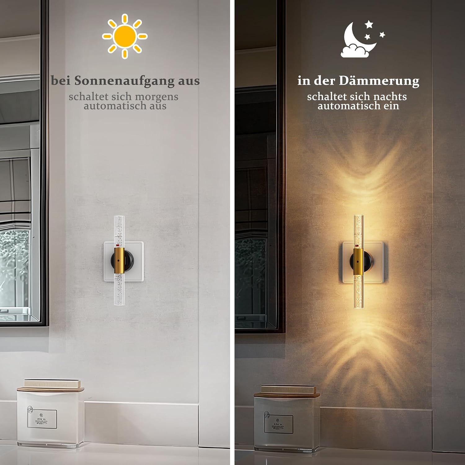 Ein Lichtschalter mit Sensor. Tagsüber aus, nachts an.