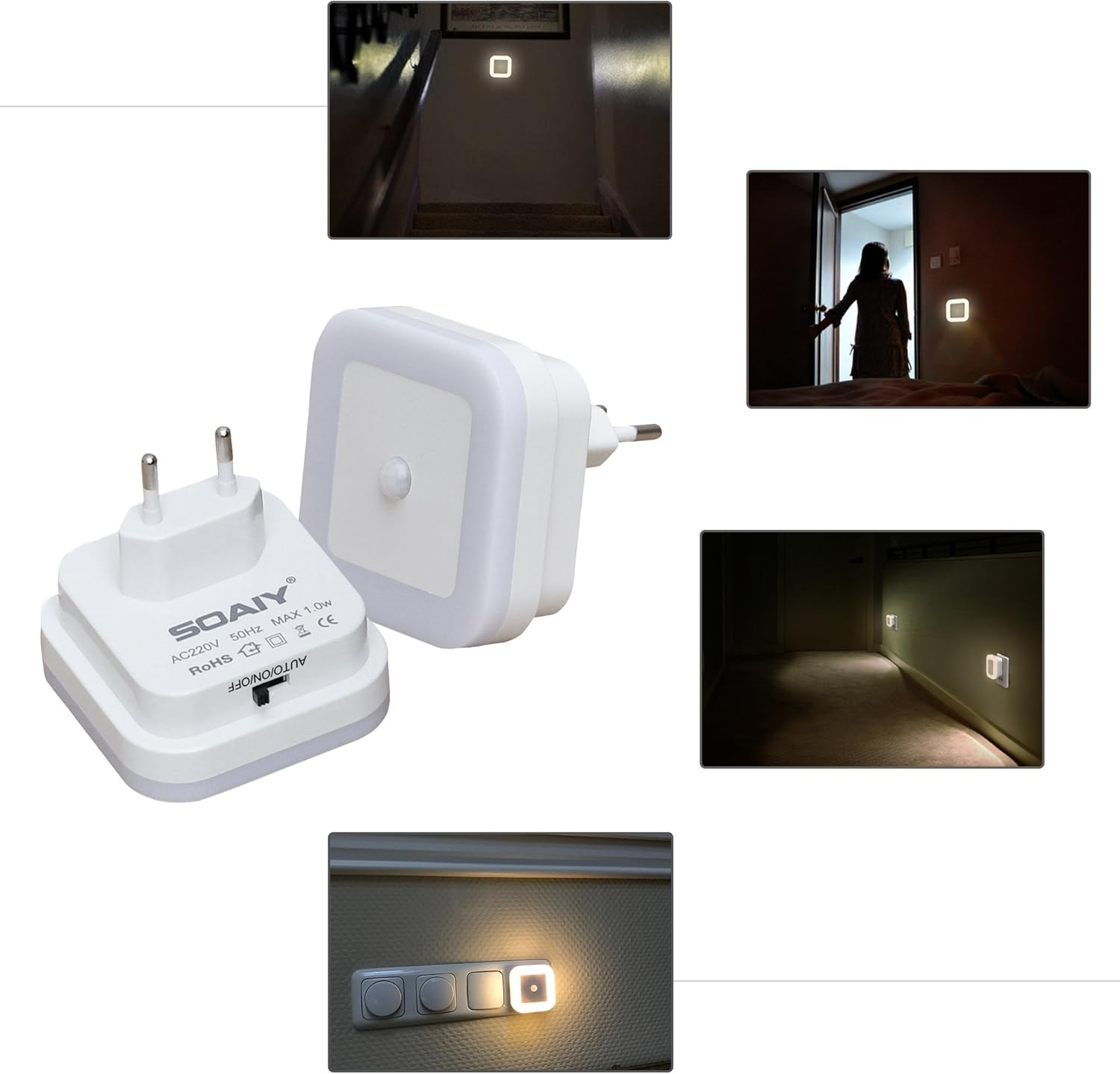 Ein Nachtlicht mit Stecker in einem dunklen Flur. Ein anderes im Treppenhaus.