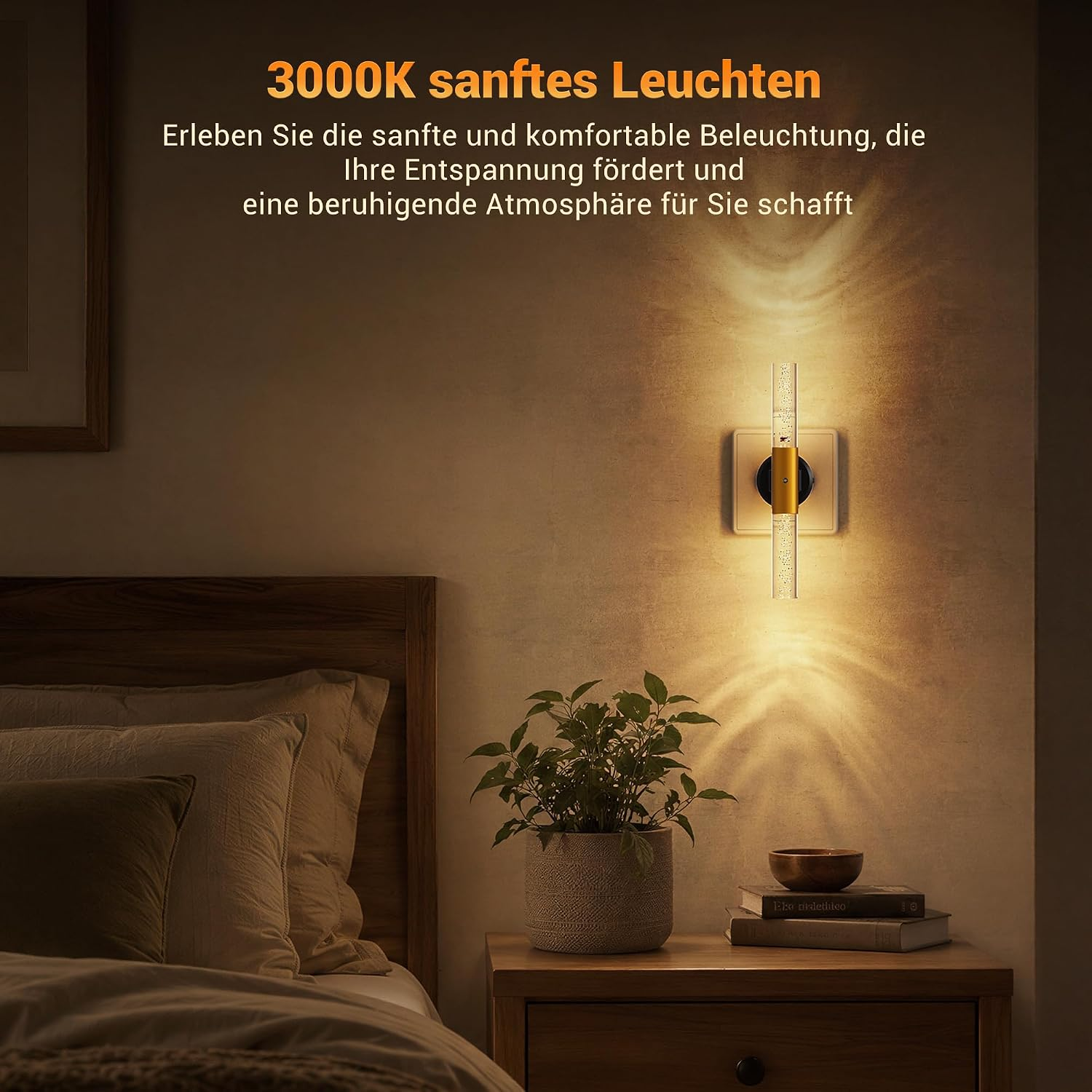 Ein Nachttisch mit Lampe, Buch und Pflanze.