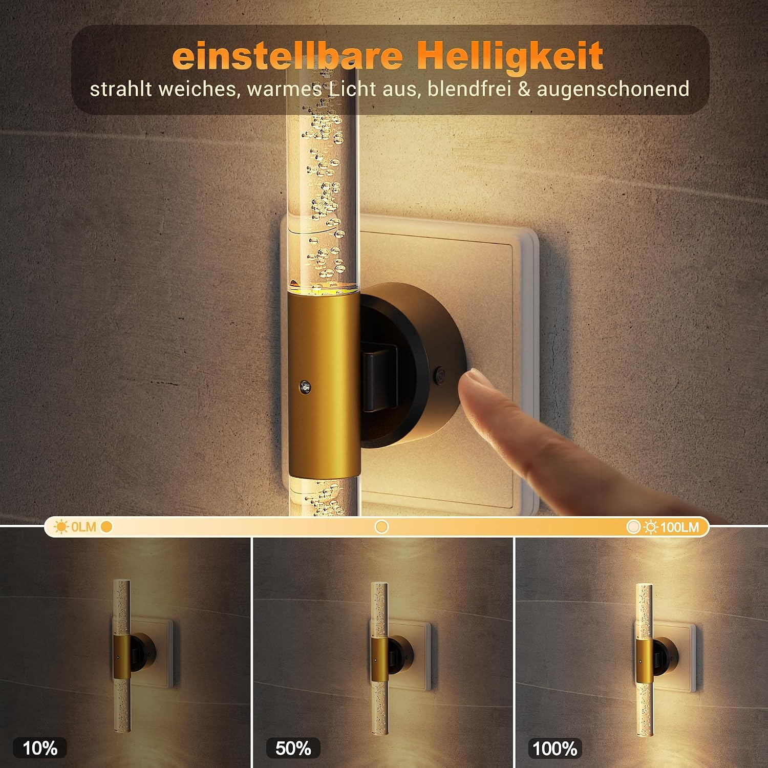 Eine goldene Lampe mit Blasen wird in eine Steckdose gesteckt. Helligkeit einstellbar.