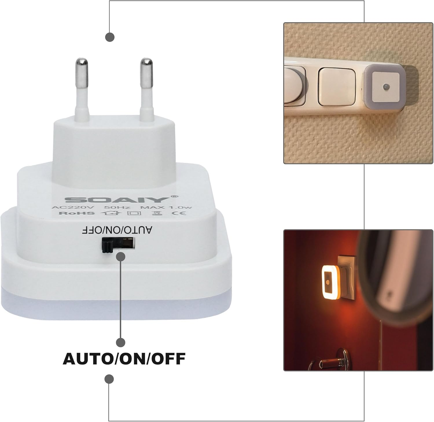 Ein weißer Steckeradapter mit Schalter und zwei kleinen Nachtlichtern.