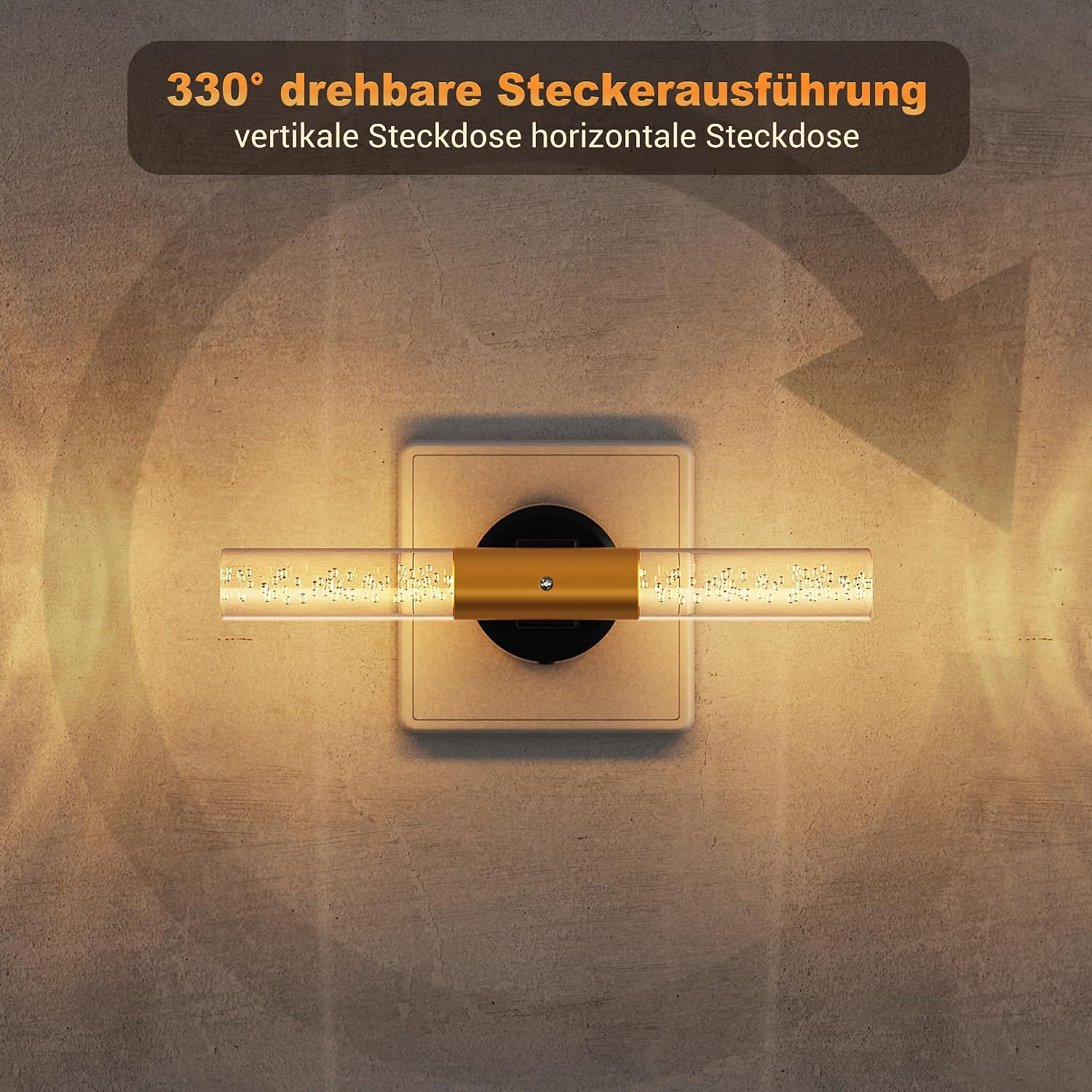 330° drehbare Steckdose mit vertikaler und horizontaler Ausrichtung auf einer Wand.