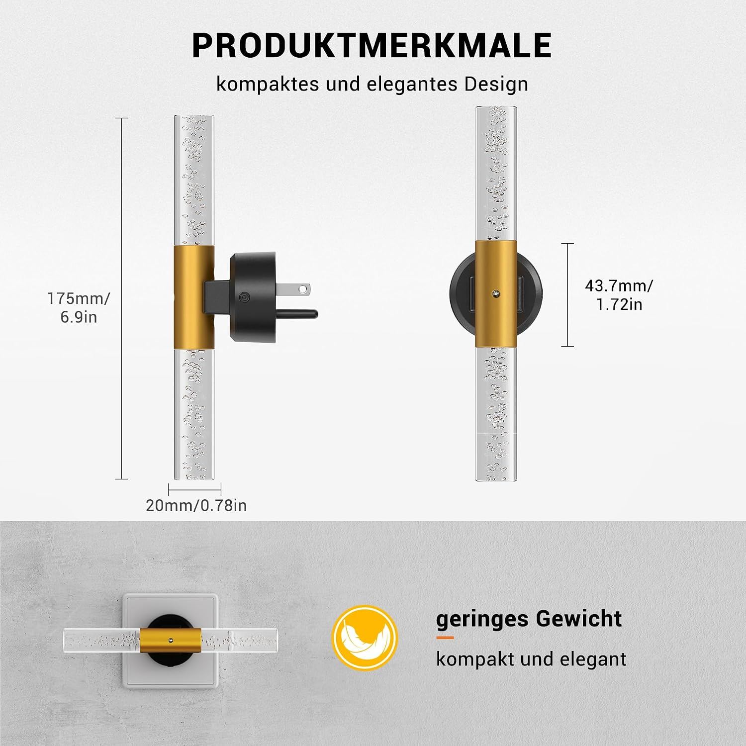 Produktmaße: 175mm Höhe, 43.7mm Breite, 20mm Tiefe. Kompakt & elegant.