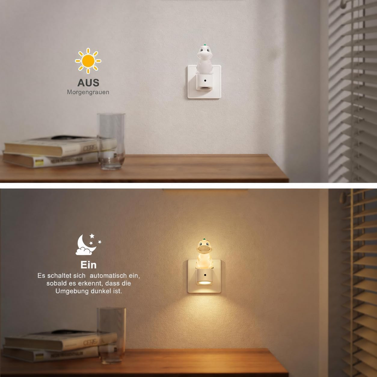 Nachtlicht-Stecker im Tageslicht (aus) und Dunkeln (an).