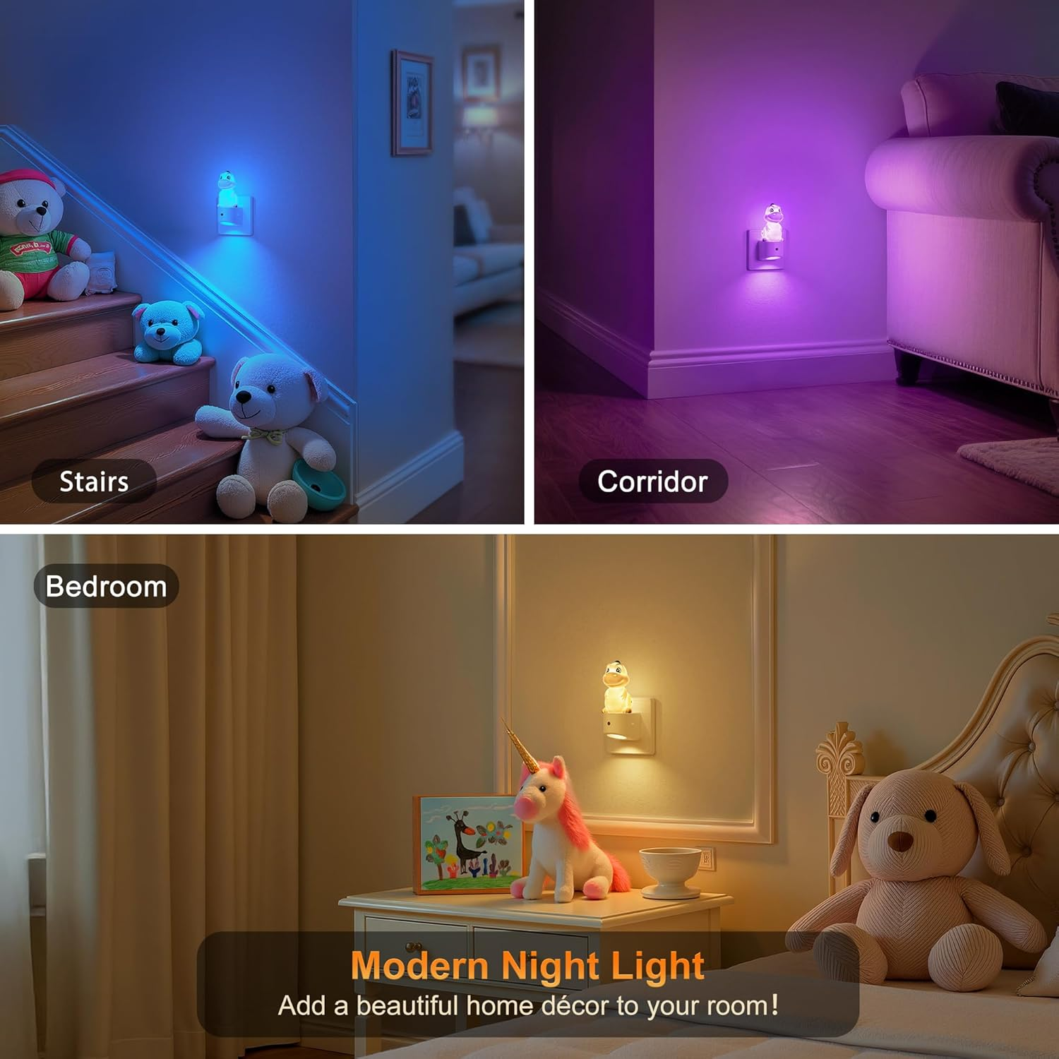 Nachtlicht auf Treppe, Flur und im Schlafzimmer, Spielzeug-Dekor.