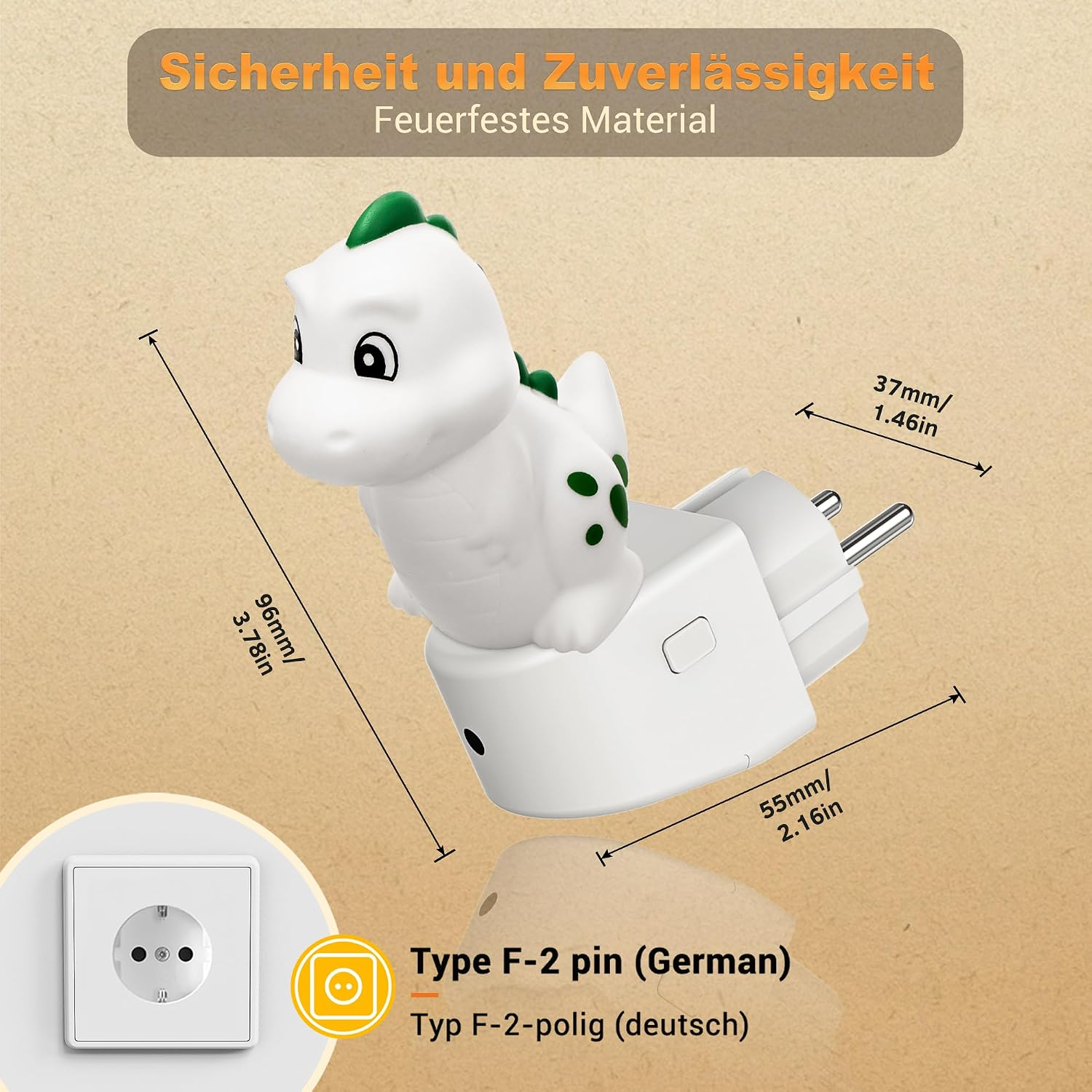 Ein weißer Reiseadapter in Dino-Form mit Maßangaben und einem deutschen Stecker.
