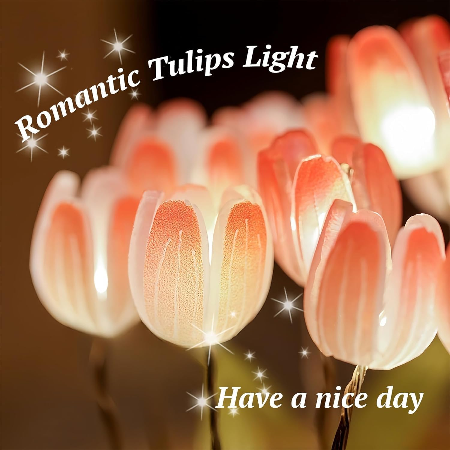 Beleuchtete Tulpenlichter auf einem braunen Hintergrund mit Text.