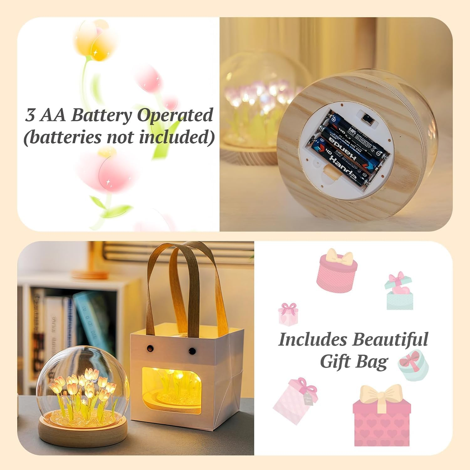 Drei AA-Batterien betrieben. Enthält eine Lampe mit Tulpen, eine Geschenkbox und eine Batterieabdeckung.