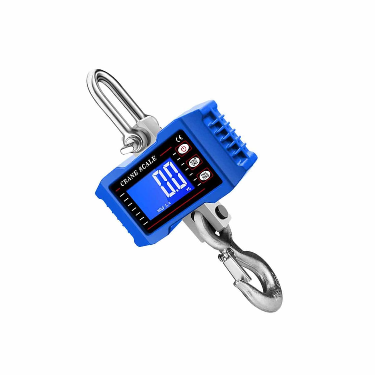 Blaue Kranwaage mit digitaler Anzeige (0.0) und Haken.