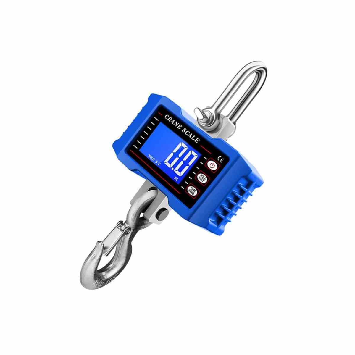 Eine blaue digitale Kranwaage mit Haken und Schäkel, die auf Null steht.