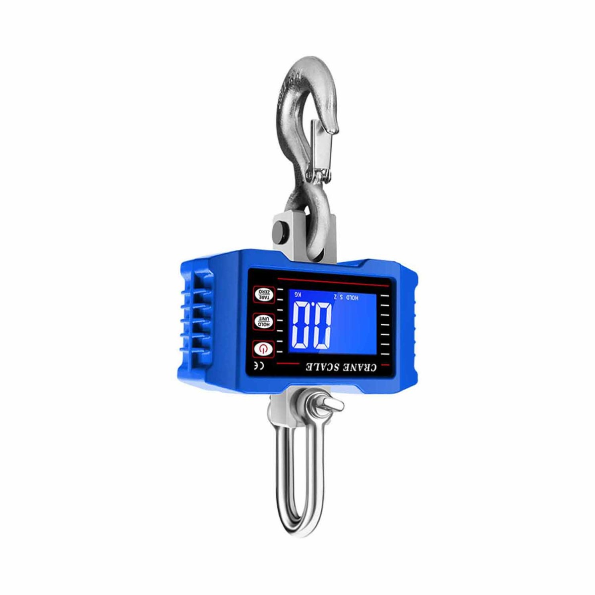 Eine blaue digitale Kranwaage mit einem Haken und einem Bügel, zeigt 0.0.