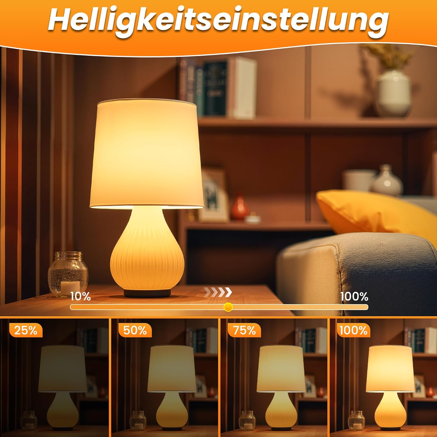 Die Helligkeit einer Lampe wird in vier Stufen gezeigt: 25%, 50%, 75% und 100%.