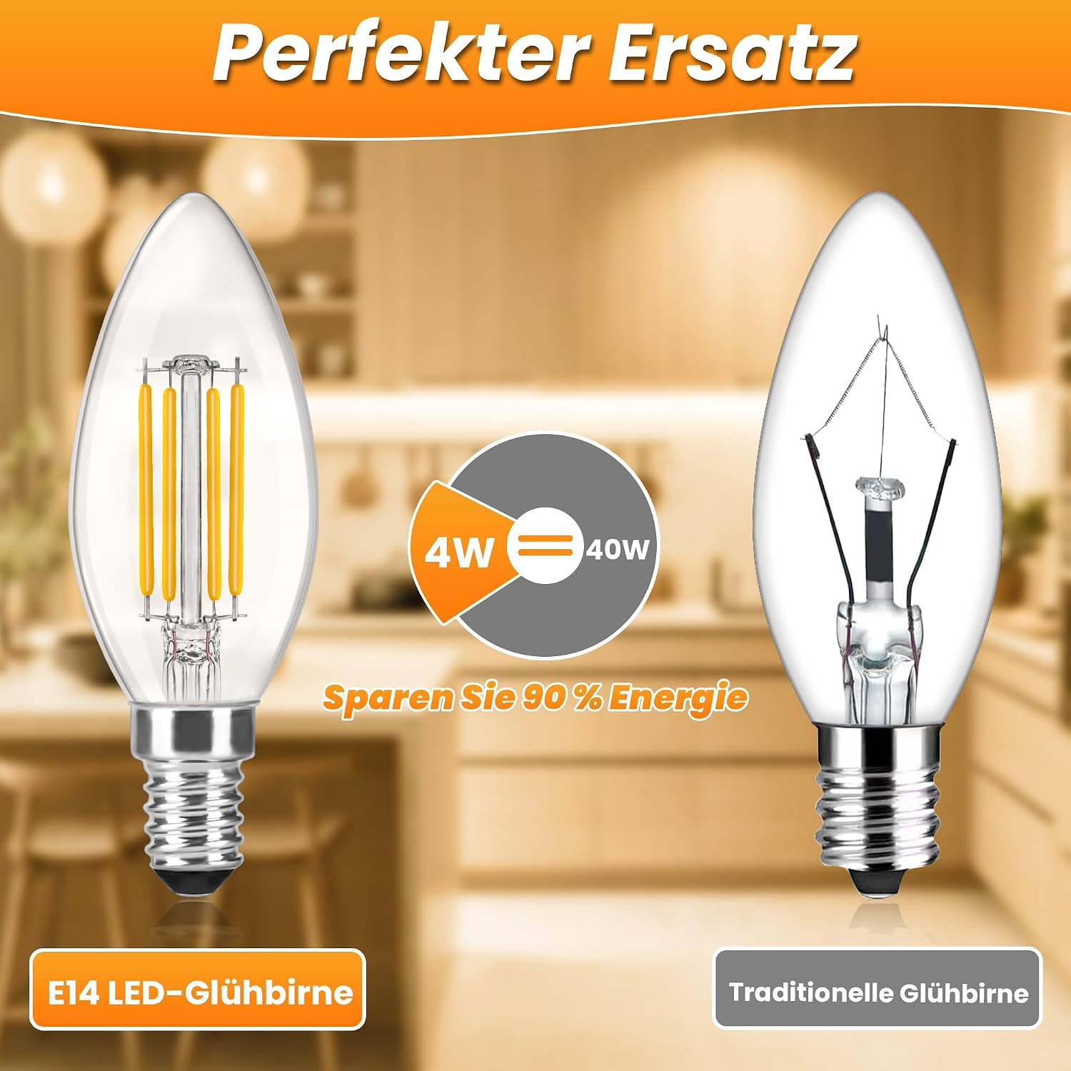 Eine LED-Glühbirne links, eine traditionelle Glühbirne rechts. 4W ersetzt 40W.