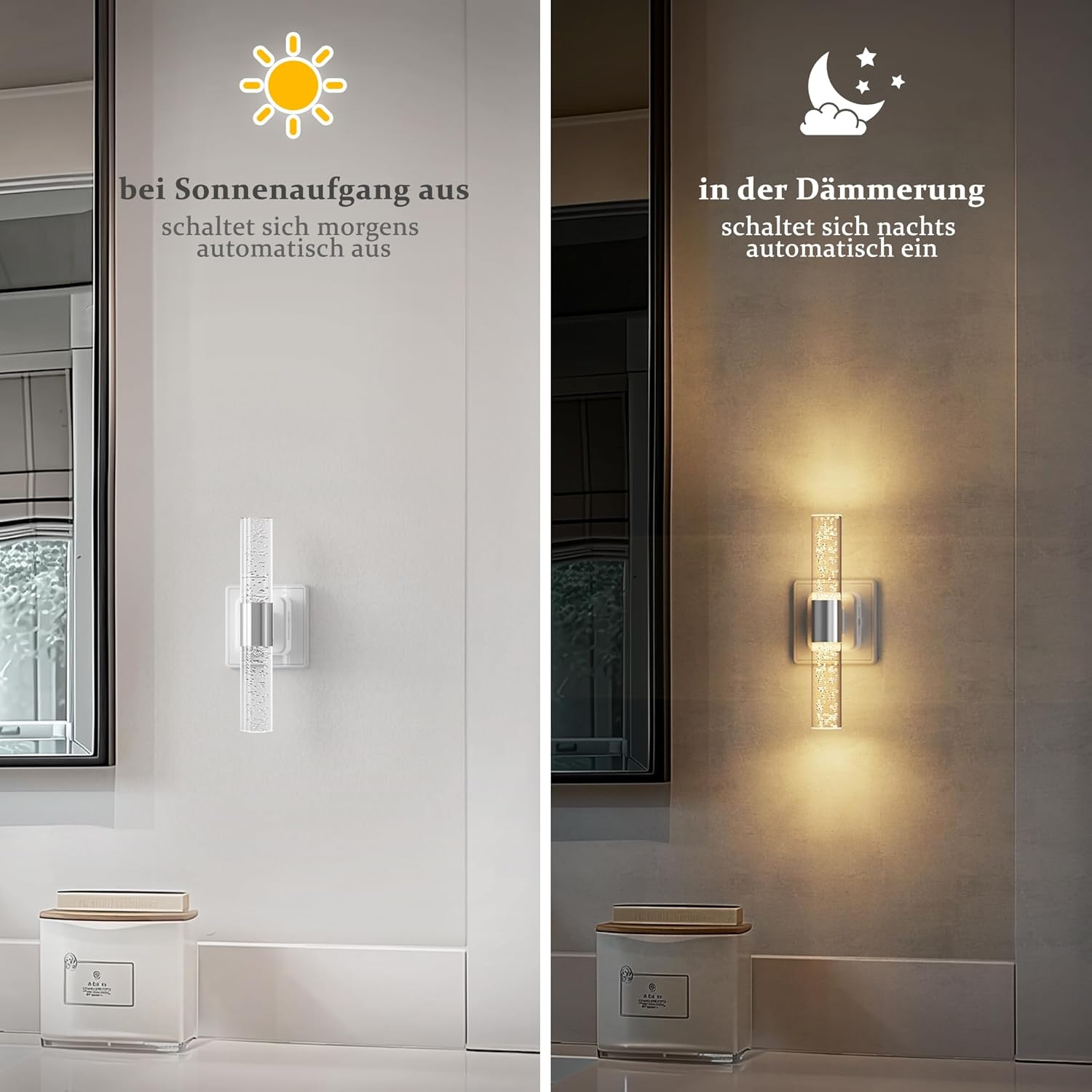 Eine Lampe schaltet sich bei Sonnenaufgang aus und bei Dämmerung ein.