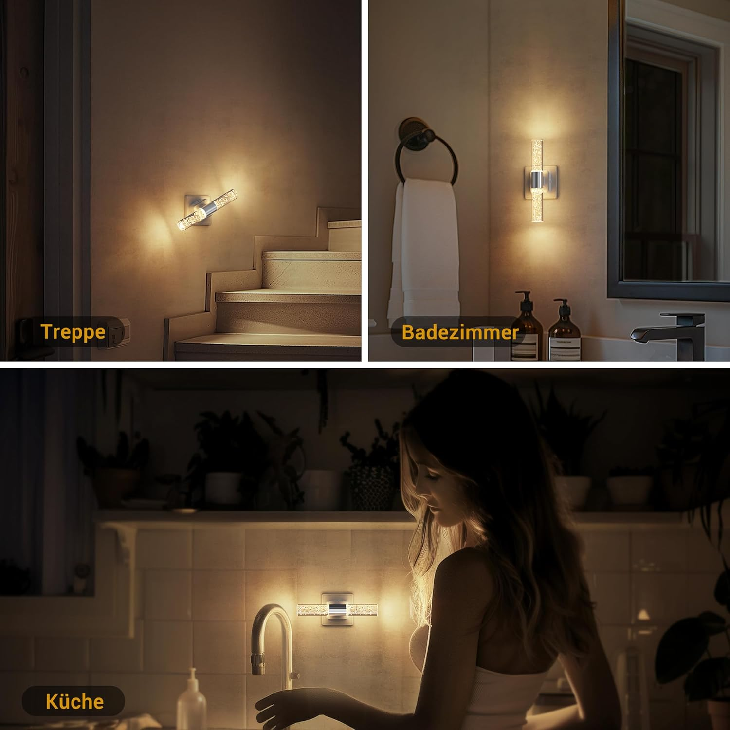Drei Szenen zeigen moderne Wandleuchten in Treppenhaus, Bad und Küche.