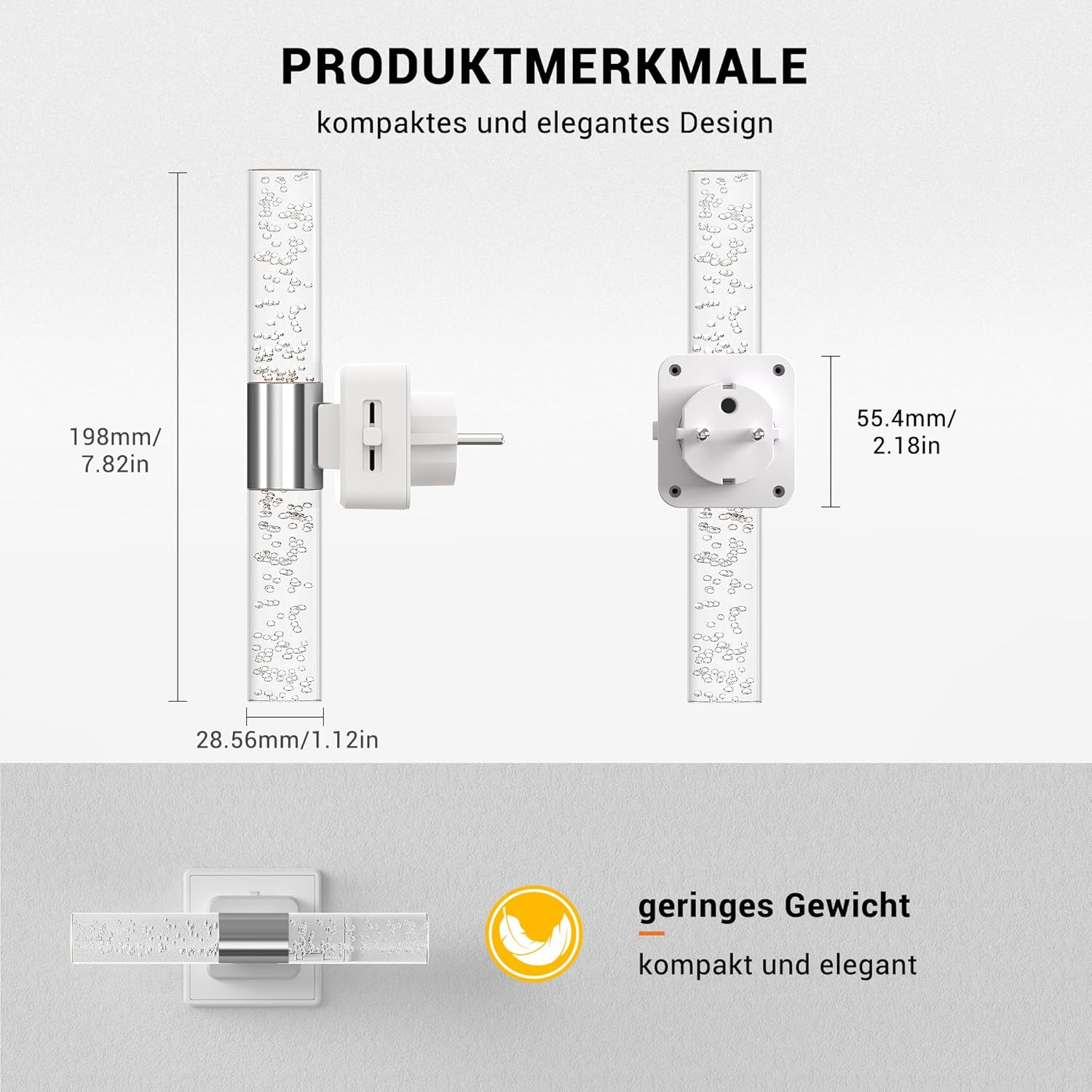 Produktmaße: 198mm Höhe, 28.56mm Breite, 55.4mm Tiefe. Kompaktes Design.