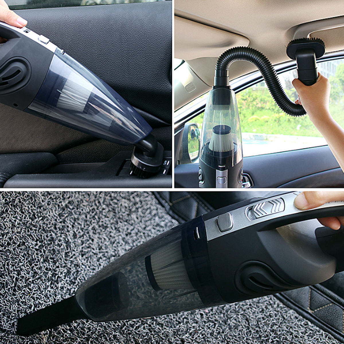 Tragbarer Auto-Staubsauger im Einsatz auf Autositzen, Dach und Teppichen.