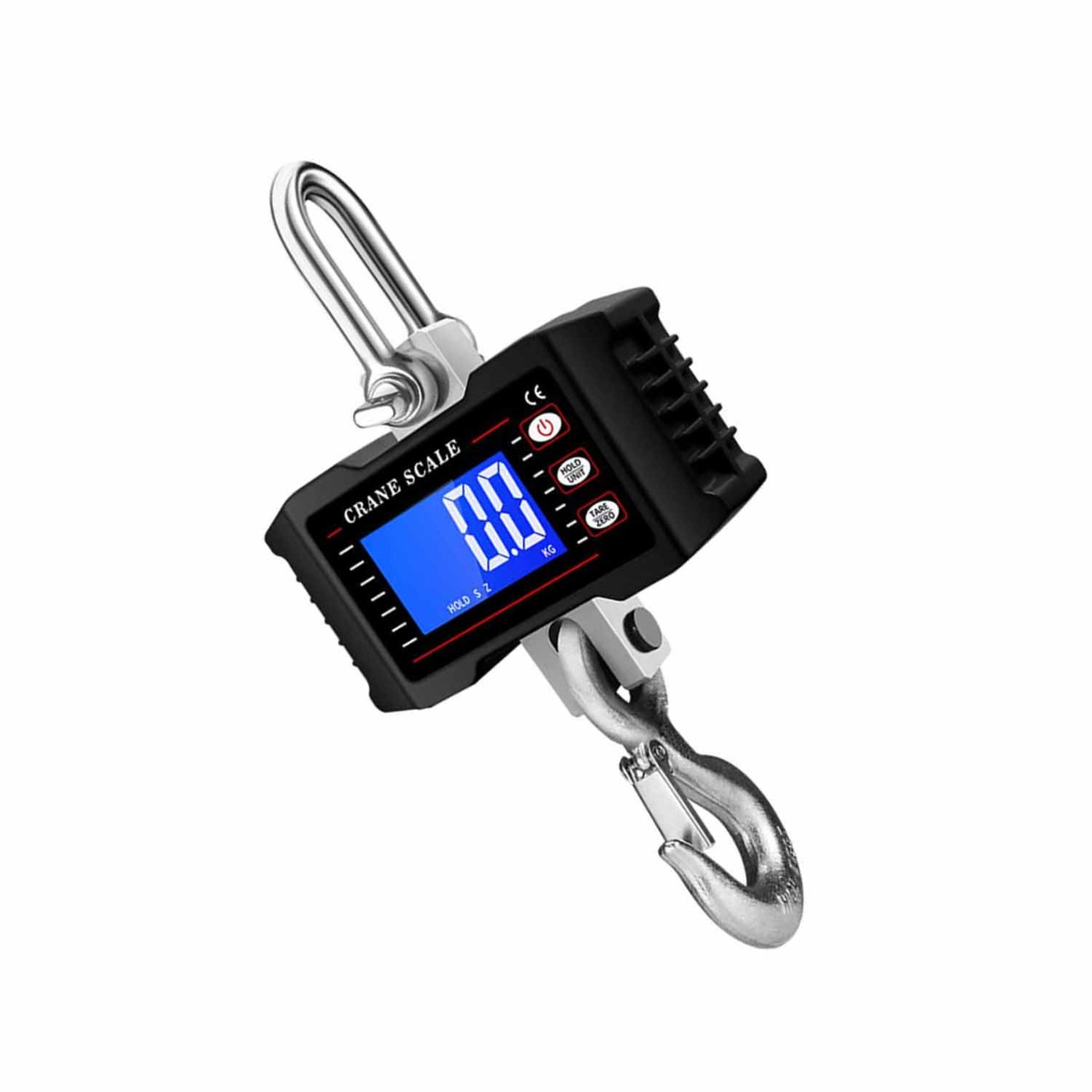 Eine digitale Kranwaage mit Haken und Öse, schwarz mit blauer Anzeige.