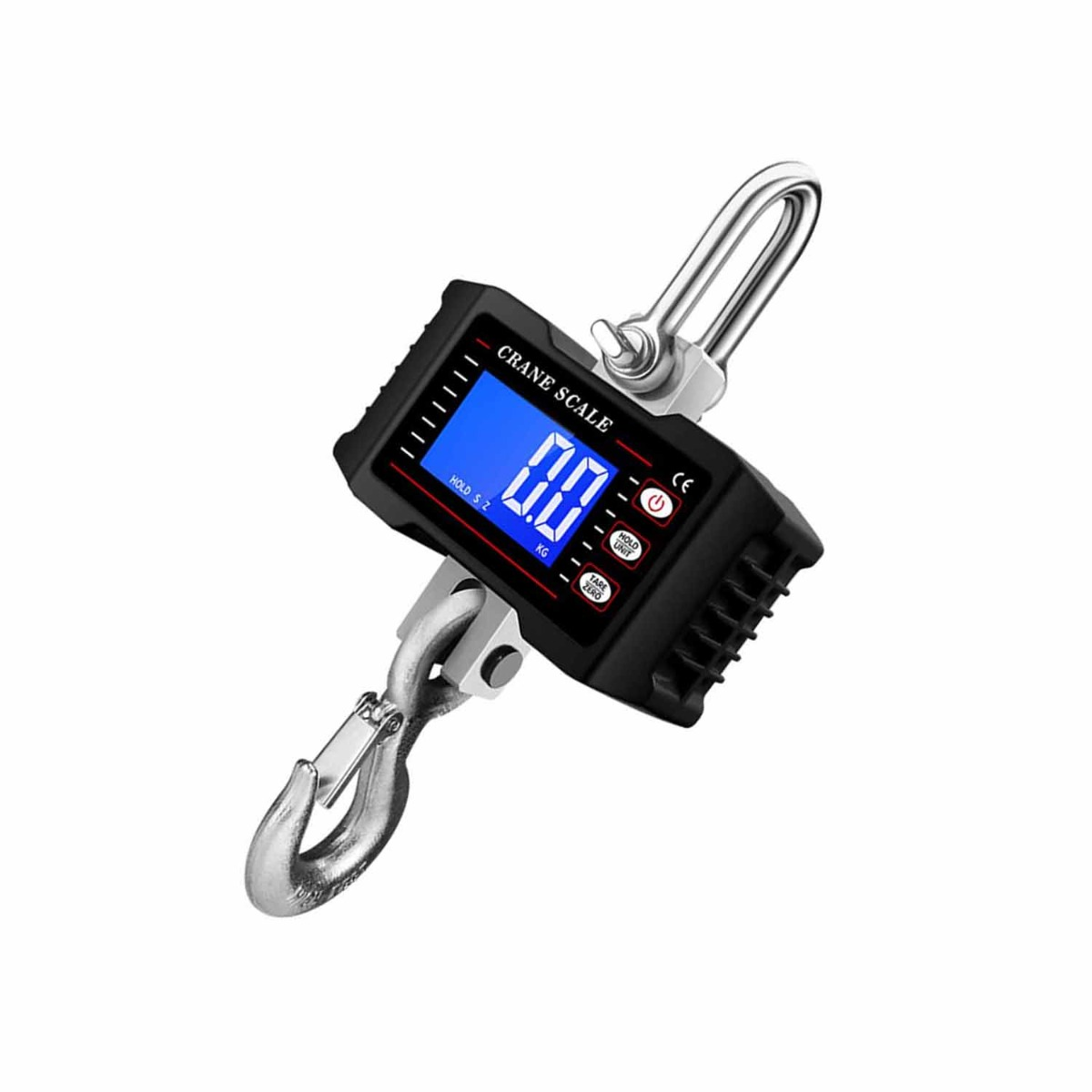 Eine digitale Kranwaage mit blauem Display, Haken und Aufhängeschlaufe.