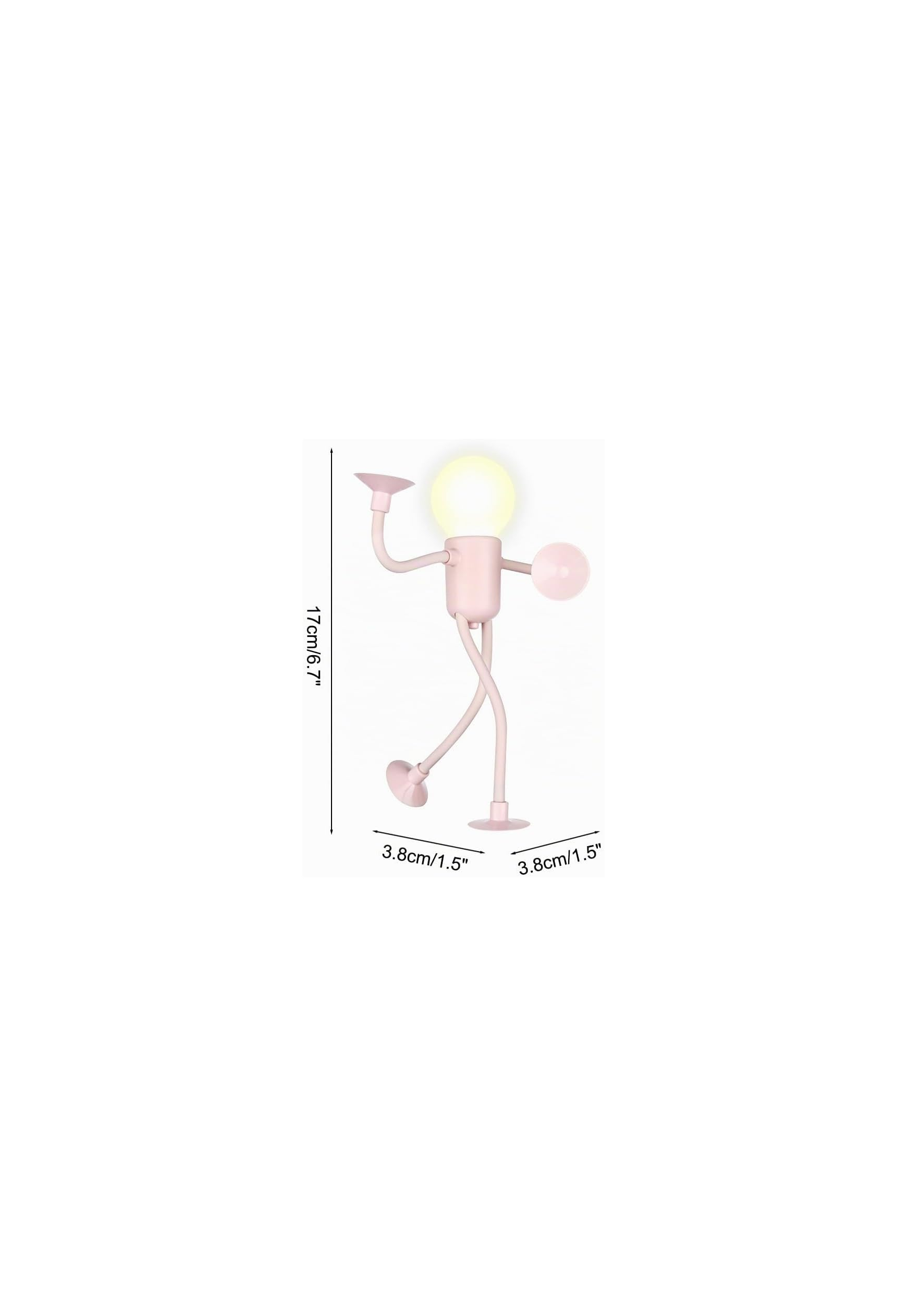 Eine rosa Lampe in Form einer Figur mit Glühbirne und Maßen.