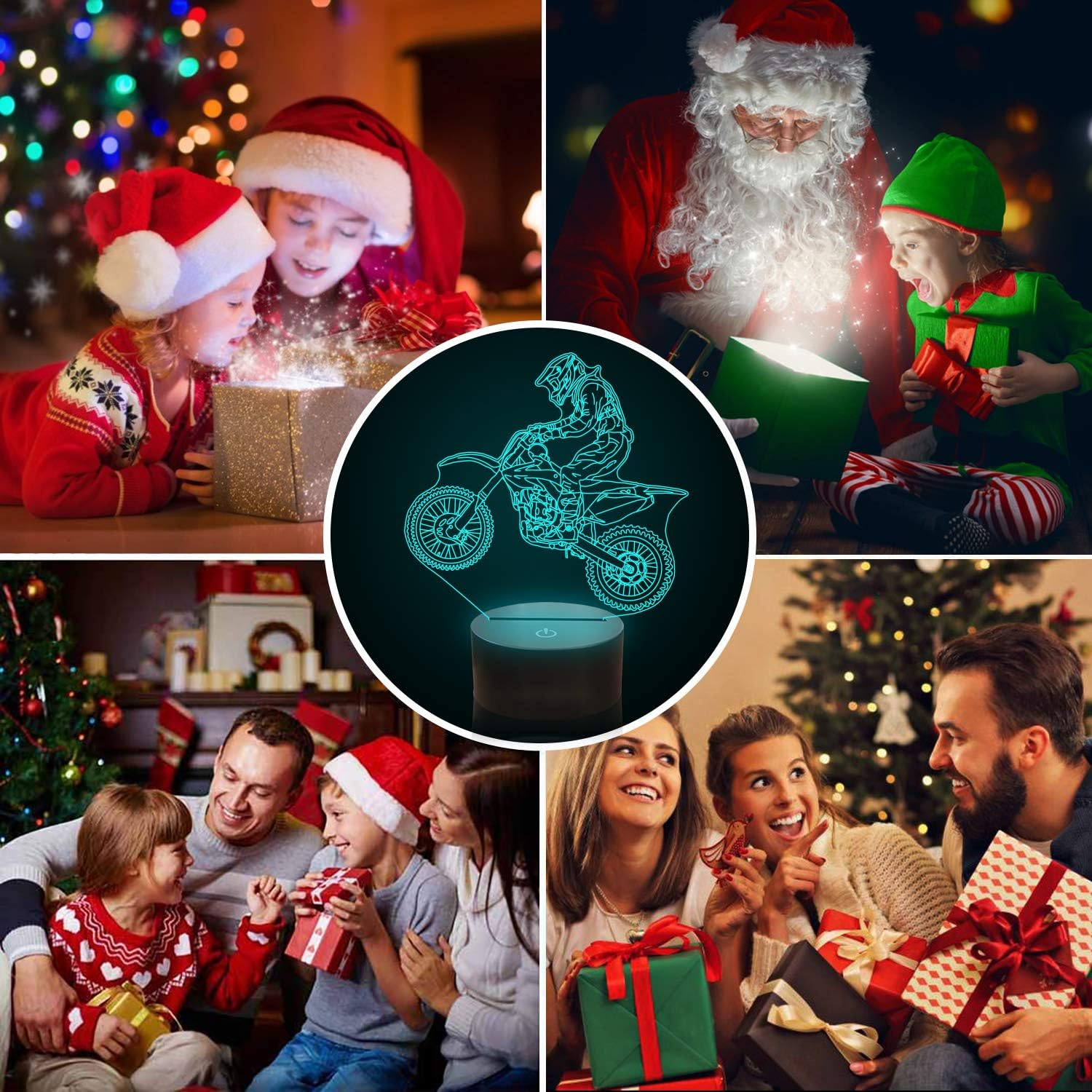 Collage mit Weihnachtsszenen: Kinder öffnen Geschenke, Nikolaus, Familie und Freunde.