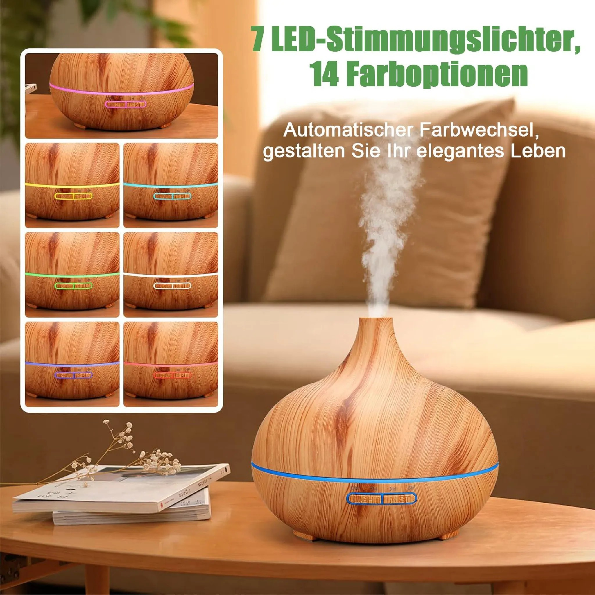 Ein hölzerner Diffusor gibt Dampf ab, mit Farbwechsel-LEDs.