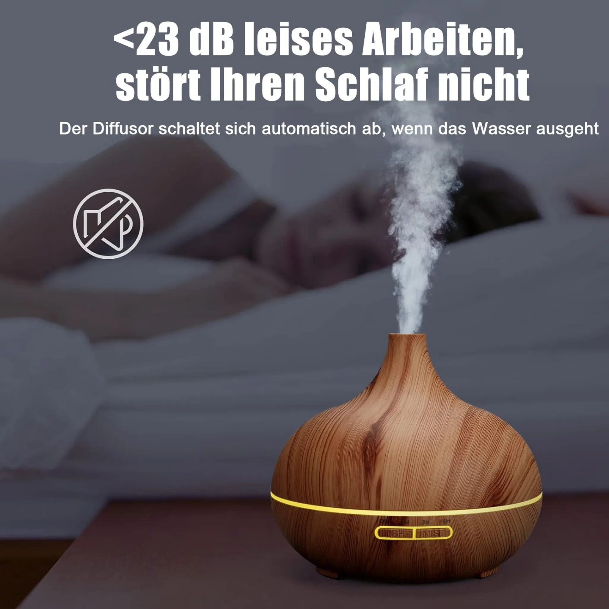 Holz-Diffusor mit Dampf, schläft Person im Hintergrund.