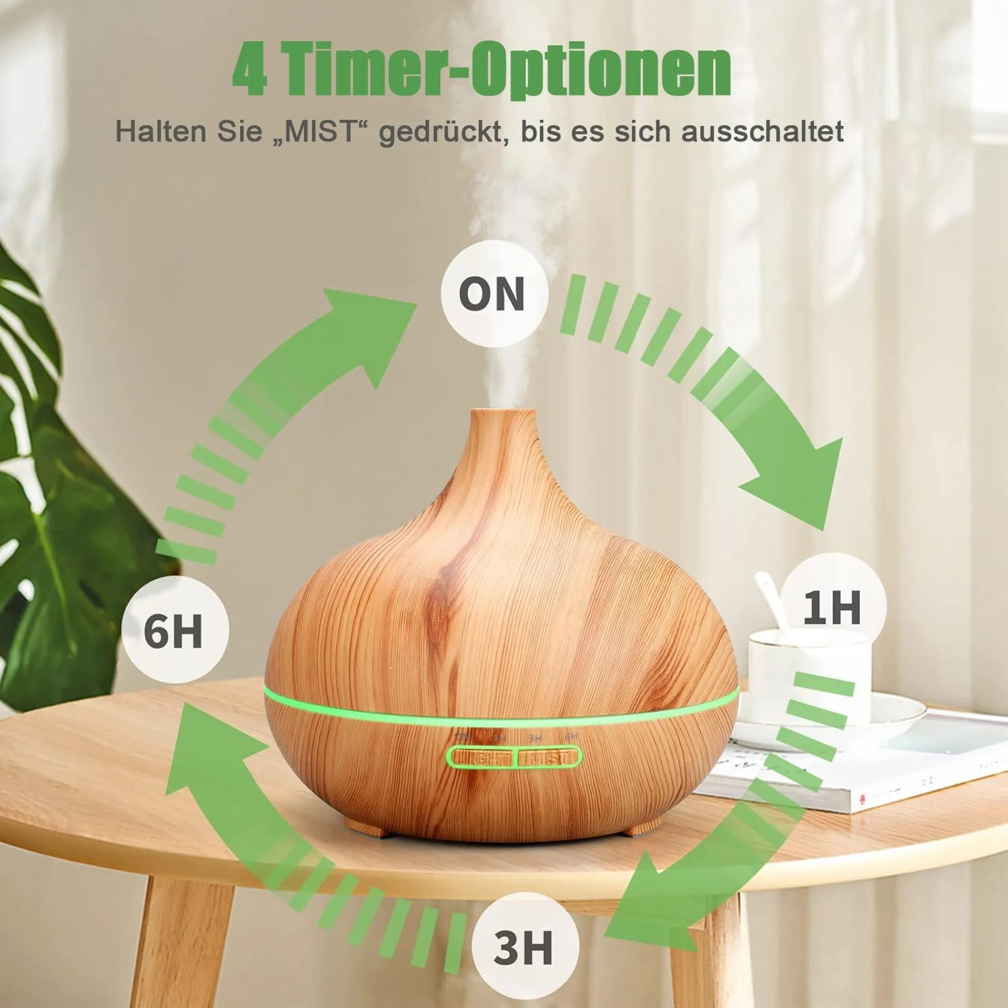 Holz-Diffusor gibt Dampf ab, mit Timer-Optionen 1H, 3H, 6H.