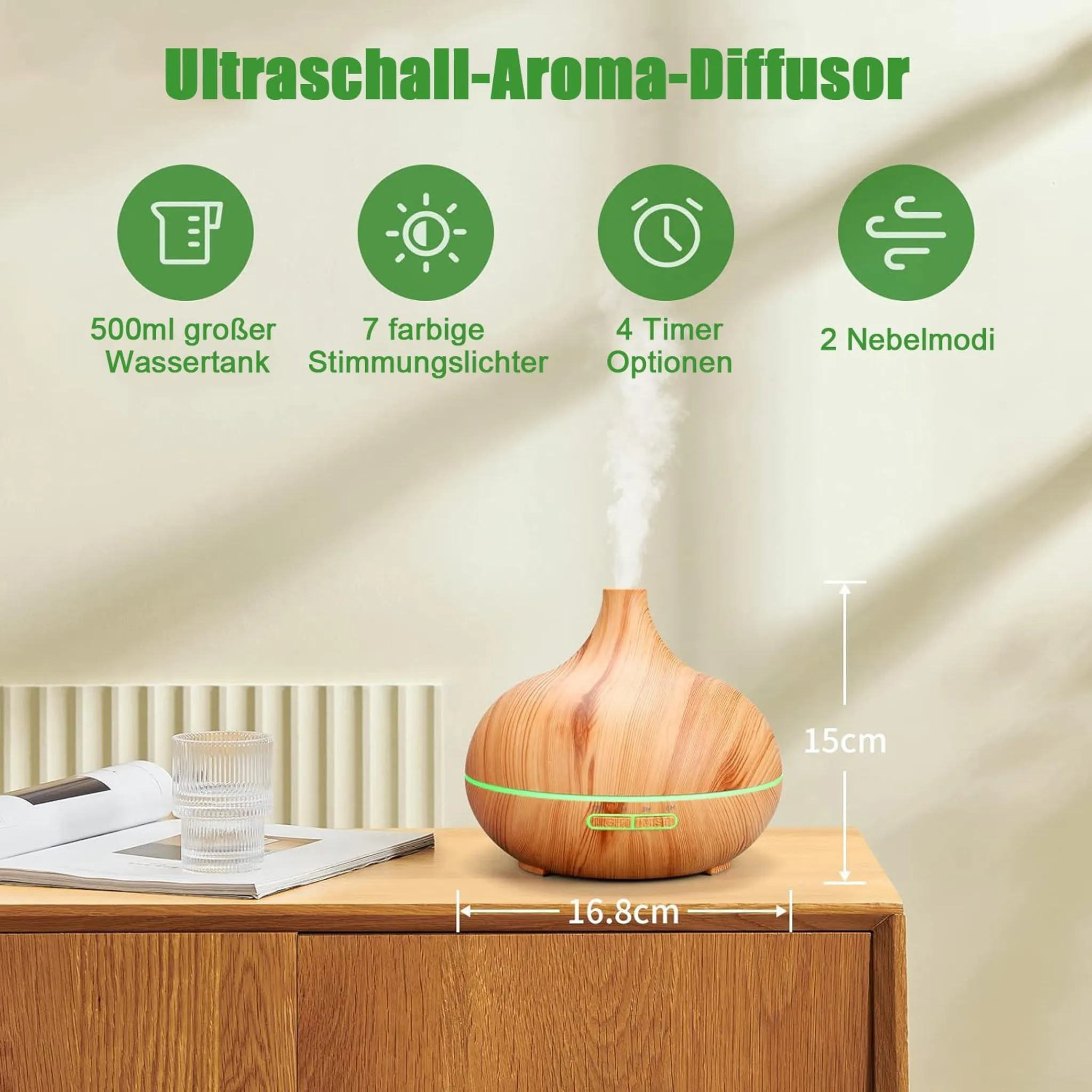 Ein hölzerner Aroma-Diffusor stößt Nebel aus, mit Symbolen, die seine Funktionen zeigen: 500ml Tank, 7 Lichter, 4 Timer, 2 Modi.