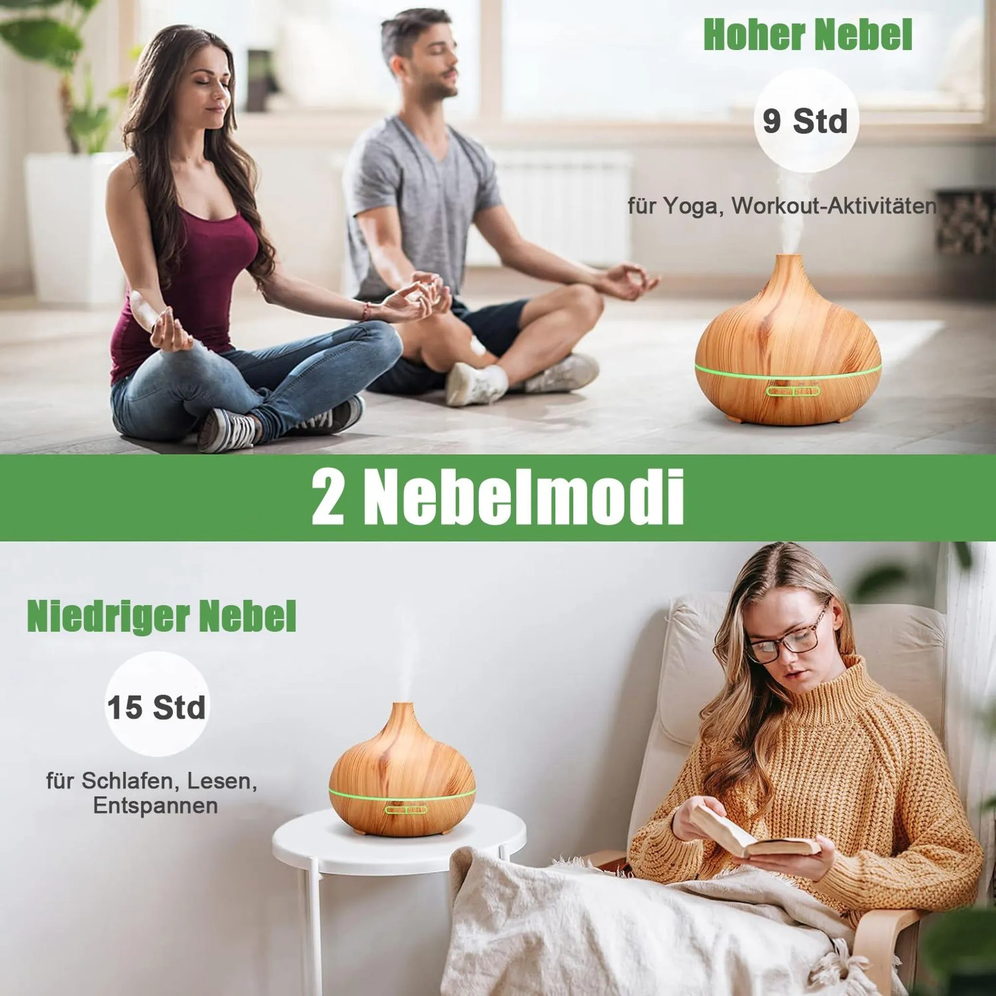 Ein Paar meditiert, ein Diffusor für Yoga, ein anderer für Entspannung.