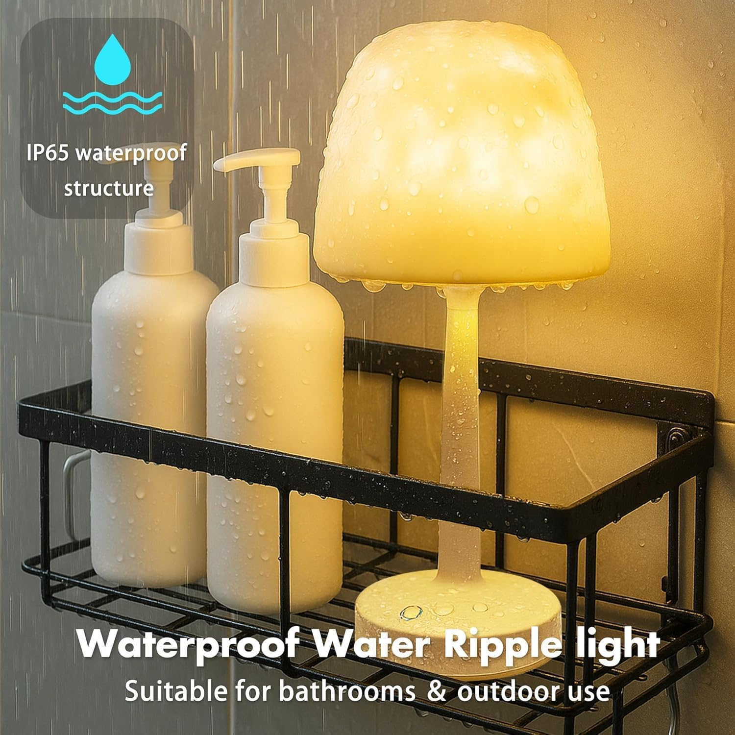 IP65 wasserdichte Lampe und Spender auf einem Regal mit Wassertropfen.