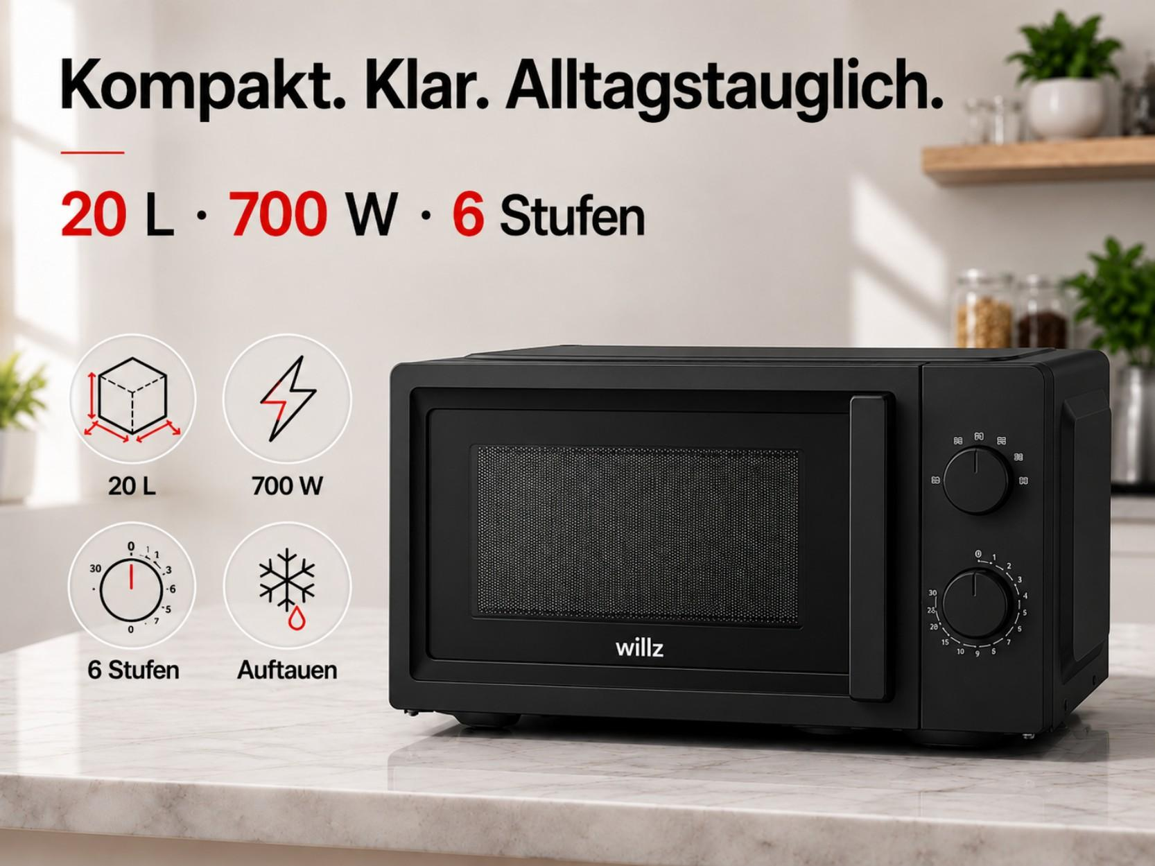 Schwarze Mikrowelle mit 20 L, 700 W, 6 Stufen und Auftaufunktion.