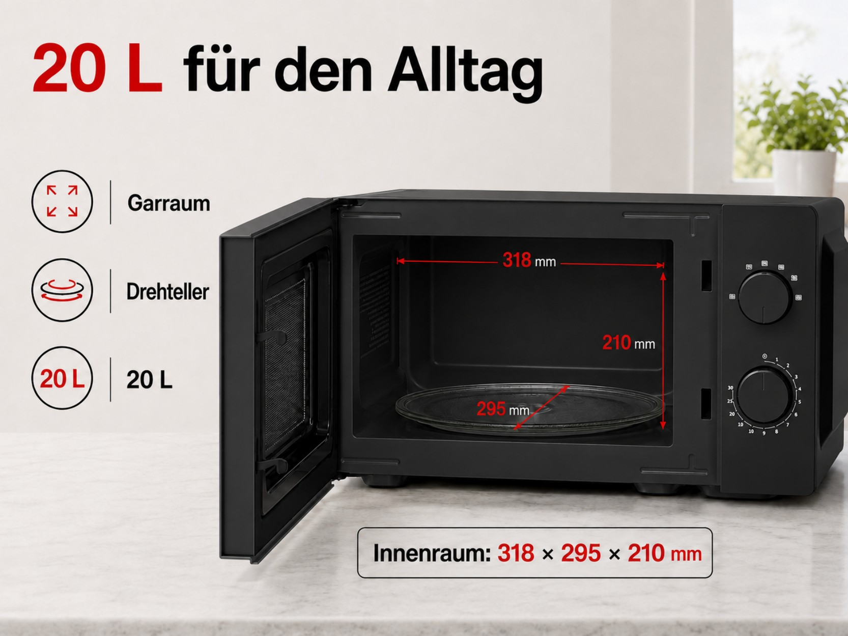 Schwarze Mikrowelle mit geöffneter Tür, Maße und Kapazität 20L angezeigt.