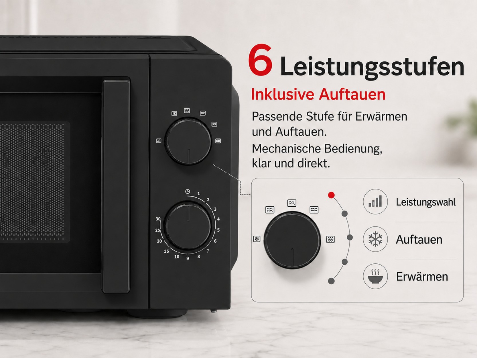Schwarze Mikrowelle mit mechanischen Drehreglern für Leistung und Zeit. 6 Stufen.