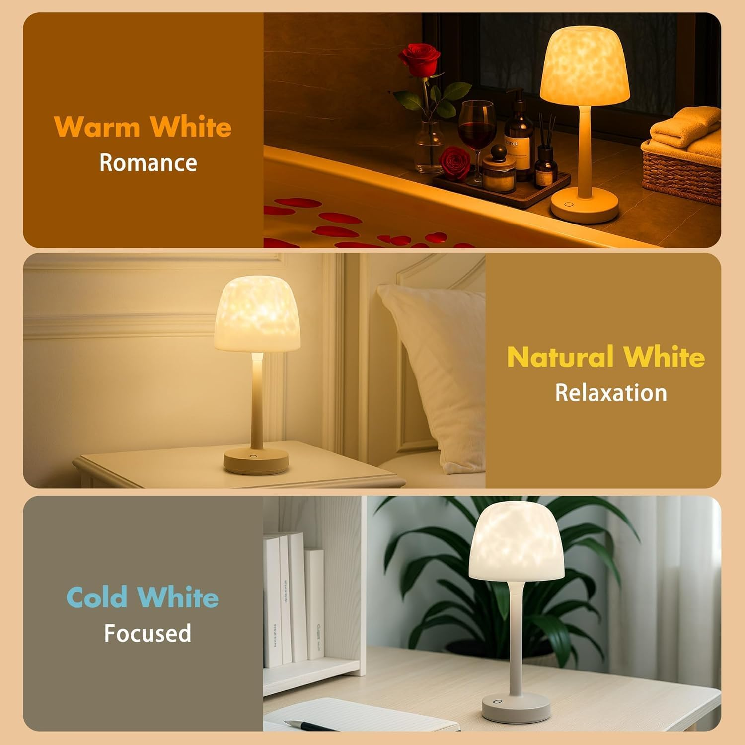 Ein Lampen-Display mit drei Szenen: warmweißes Ambiente, natürliches Licht und kaltweißes Licht.