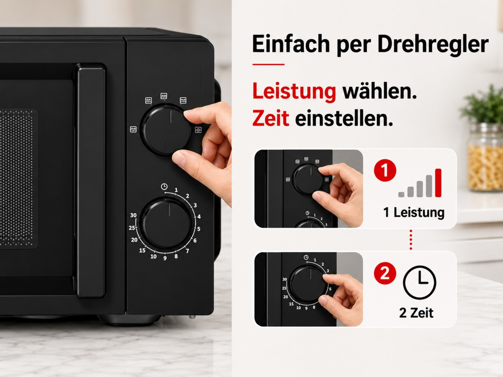 Eine Hand dreht den Leistungsregler einer schwarzen Mikrowelle. Daneben sind die Schritte 1 und 2 abgebildet.